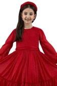 Kız Çocuk Sıfır Yaka Kolları Transparan Eteği Tüllü Simli Kırmızı Abiye thumbnail 6