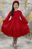 Kız Çocuk Sıfır Yaka Kolları Transparan Eteği Tüllü Simli Kırmızı Abiye thumbnail 1