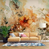 Turuncu Çiçek Çizim Deseneli Duvar Kağıdı thumbnail 1