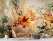 Turuncu Çiçek Çizim Deseneli Duvar Kağıdı thumbnail 6