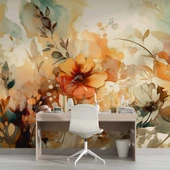 Turuncu Çiçek Çizim Deseneli Duvar Kağıdı thumbnail 4