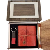 Özel Ahşap Kutulu Kahve Deri Defter ve Anahtarlık Set - 1