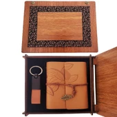 Ahşap Kutulu Taba Renk Deri Defter Anahtarlık Set - 1