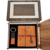 Özel Ahşap Kutulu Taba Deri Defter ve Anahtarlık Set - 1