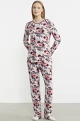 Çiçek Desenli Yumuşak Dokulu Pijama Takım - Kırmızı - 2
