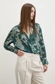 V Yaka Desenli Gofret Saten Gömlek Yeşil thumbnail 5