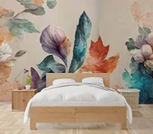 3 Boyutlu Pembe Çiçek Yeşil Yaprak Çizim Temalı Duvar Kağıdı thumbnail 2