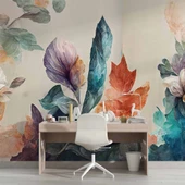 3 Boyutlu Pembe Çiçek Yeşil Yaprak Çizim Temalı Duvar Kağıdı thumbnail 4