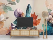 3 Boyutlu Pembe Çiçek Yeşil Yaprak Çizim Temalı Duvar Kağıdı thumbnail 3