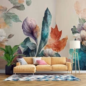 3 Boyutlu Pembe Çiçek Yeşil Yaprak Çizim Temalı Duvar Kağıdı thumbnail 1