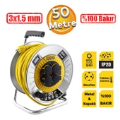 Metal Makaralı 50 Metre Seyyar %100 Bakır Kablo 4 Prizli Kapaklı Uzatma Kablosu 3x1.5 mm H05VV-F thumbnail 1