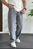 Erkek Baggy Kalıp Premium Düz Jean Pantolon Gri Edw182 - 1
