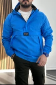 Erkek Slim Fit Krinkıl Kumaş Kanguru Cepli Yarım Fermuarlı Yağmurluk Mont Mavi Edw077 - 1