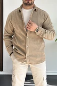 Erkek Pamuklu Kumaş Ekstra Likralı Gömlek Bej Edw216 thumbnail 1