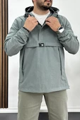 Erkek Slim Fit Krinkıl Kumaş Kanguru Cepli Yarım Fermuarlı Yağmurluk Mont Mint Yeşili Edw077 - 3