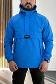 Erkek Slim Fit Krinkıl Kumaş Kanguru Cepli Yarım Fermuarlı Yağmurluk Mont Mavi Edw077 - 2