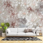 3 Boyutlu Beyaz Pembe Çiçek Çizim Temalı Duvar Kağıdı thumbnail 1