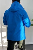 Erkek Slim Fit Krinkıl Kumaş Kanguru Cepli Yarım Fermuarlı Yağmurluk Mont Mavi Edw077 - 3