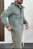 Erkek Slim Fit Krinkıl Kumaş Kanguru Cepli Yarım Fermuarlı Yağmurluk Mont Mint Yeşili Edw077 - 4