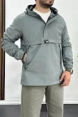 Erkek Slim Fit Krinkıl Kumaş Kanguru Cepli Yarım Fermuarlı Yağmurluk Mont Mint Yeşili Edw077 - 2