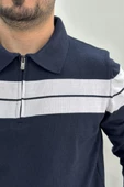 Erkek Çizgili Yarım Fermuarlı Polo Yaka Kazak Lacivert Edw218 - 4