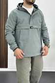 Erkek Slim Fit Krinkıl Kumaş Kanguru Cepli Yarım Fermuarlı Yağmurluk Mont Mint Yeşili Edw077 - 1