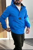 Erkek Slim Fit Krinkıl Kumaş Kanguru Cepli Yarım Fermuarlı Yağmurluk Mont Mavi Edw077 - 4