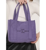 Lila U45 Çıt Çıt Kapatmalı The Tote Bag İşlemeli Kanvas Kumaş Günlük Kadın Kol ve Omuz Çantası 25x30 - 1
