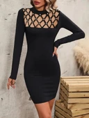 Kadın Uzun Kollu Bisiklet Yaka Lazer Kesim Inci Detay Viskon Iki Iplik Mini Boy Elbise - 3