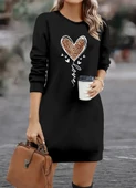 Kadın Uzun Kollu Bisiklet Yaka Kalp Desenli Kısa Viskon Elbise - 1