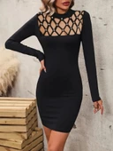 Kadın Uzun Kollu Bisiklet Yaka Lazer Kesim Inci Detay Viskon Iki Iplik Mini Boy Elbise - 1