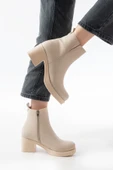 5109-3057 Bej Lastikli Fermuarlı Kalın Topuklu Günlük Kadın Bot - 3