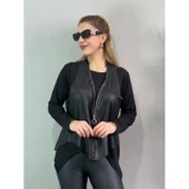 Lucky Uzun Kol Asimetrik Kesim Bluz Ve Asimetrik Kesim Fermuar Detay Deri Yelek Ikili Takım - 10