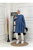 Doğal Kumaşlı Düğmeli Tunik- Koyu Mavi - 5
