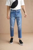 Erkek Açık Lacivert Diz Yırtık Modelli Boyfriend Jean Pantolon - 1