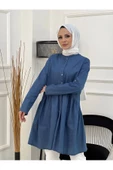 Doğal Kumaşlı Düğmeli Tunik- Koyu Mavi - 7
