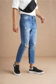 Erkek Açık Lacivert Diz Yırtık Modelli Boyfriend Jean Pantolon - 3