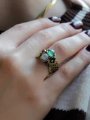 İkili Doğal Taşlı Çiçek Motifli Antik Kadın Ayarlanabilir Yüzük Aytaşı Yeşil Akik euy22aya thumbnail 1