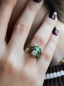 İkili Doğal Taşlı Çiçek Motifli Antik Kadın Ayarlanabilir Yüzük Aytaşı Yeşil Akik euy22aya thumbnail 2