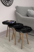 Limnizza Sekizgen Zigon Sehpa 3'lü Set Ahşap Orta Sehpa Modern Yan Sehpa Takımı Dekoratif Sehpa Siyah Mermer Desenli - 2