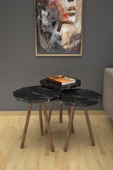 Limnizza Sekizgen Zigon Sehpa 3'lü Set Ahşap Orta Sehpa Modern Yan Sehpa Takımı Dekoratif Sehpa Siyah Mermer Desenli - 3