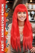 Parti / Animasyon / Tiyatro Uzun Kahküllü Fiber Sentetik Peruk - Kırmızı thumbnail 1