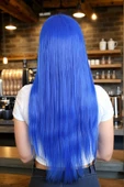 Parti / Animasyon / Tiyatro Uzun Kahküllü Fiber Sentetik Peruk - Koyu Mavi thumbnail 4
