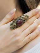 Doğal Taş Pembe Kuvars Doğal Taşlı Antik Ayarlanabilir Kadın Yüzük euy45pk thumbnail 1