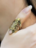 Doğal Taş Yuvarlak Pembe Kuvars Doğal Taşlı Antik Ayarlanabilir Kadın Yüzük euy46pk thumbnail 2