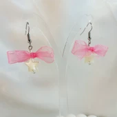 Pembe Fiyonk Kurdele Detaylı Aesthetic Soft Vibes Vintage Coquette Y2K Star Yıldız İnci Küpe - 1