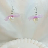 Mor Fiyonk Kurdele Detaylı Aesthetic Soft Vibes Vintage Coquette Kalp İnci Küpe - 2