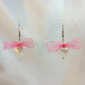 Pembe Fiyonk Kurdele Detaylı Aesthetic Soft Vibes Vintage Coquette Kalp İnci Küpe - 4