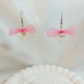 Pembe Fiyonk Kurdele Detaylı Aesthetic Soft Vibes Vintage Coquette Kalp İnci Küpe - 5