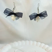 Siyah Fiyonk Kurdele Detaylı Aesthetic Soft Vibes Vintage Coquette Y2K Star Yıldız İnci Küpe - 1